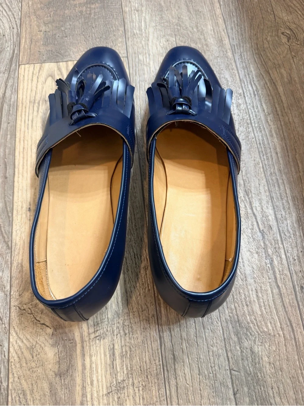 Navy Tassel Fringe Leather Slip-On Loafers